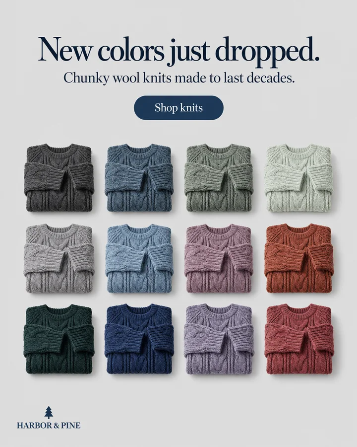 The reply ad Showfolk made for Harbor & Pine: “New colors just dropped.”